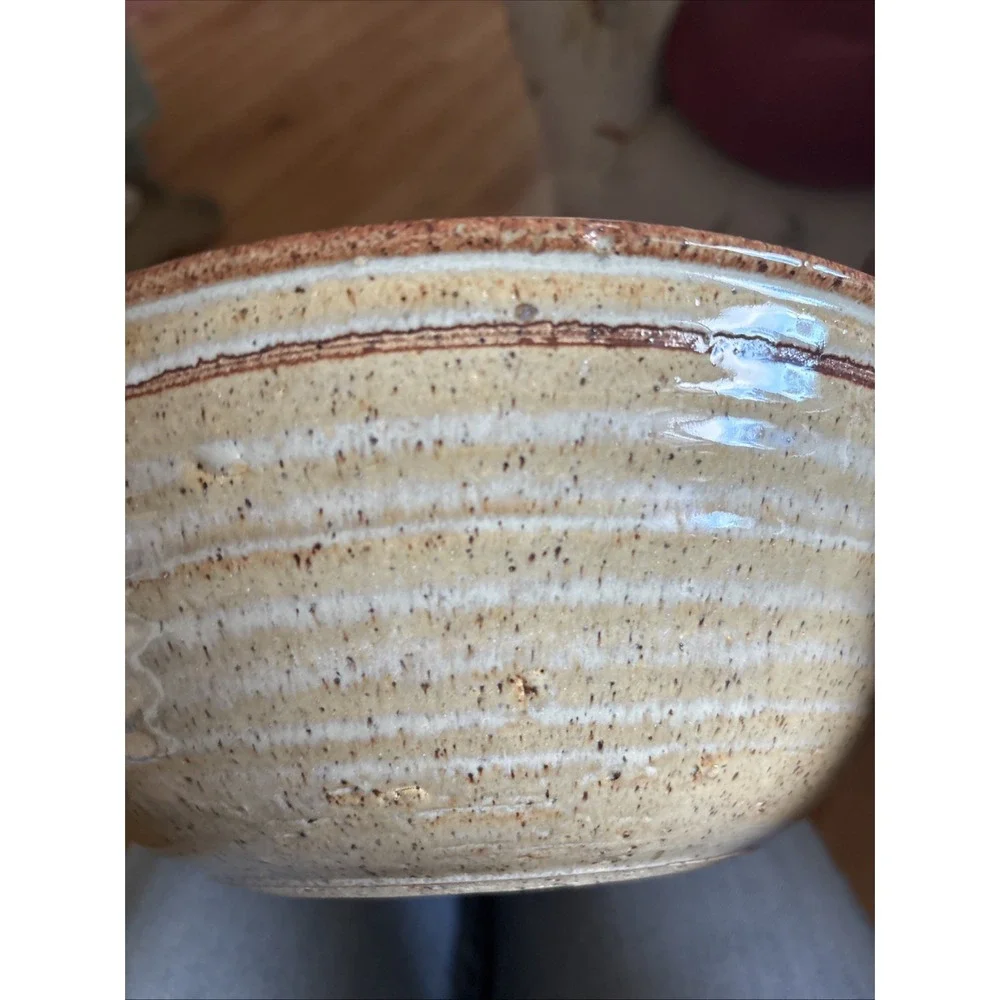 Vtg Large Hand Thrown Ceramic Pottery Serving Bowl, Artist Signed 10 X 3 3/4